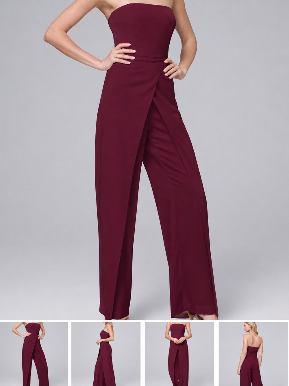 NWT White House Black Market Strapless Split-Leg Jumpsuit in deep wine color.